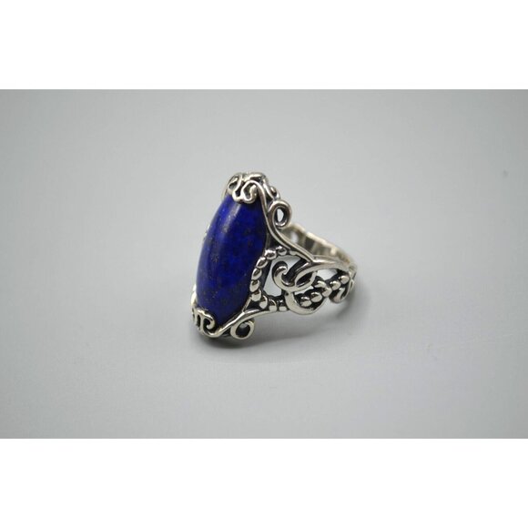 Cabochon Blue Stone Cocktail Ring Size 9 Baroque Filigree 925 Sterling Silver - Picture 1 of 9